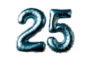 Number 25 metallic balloon font isolated on black background, cut out transparent png