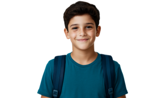 Schoolboy with backpack smiling at camera, cut out transparent png