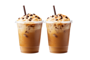 Two iced coffee drinks with whipped cream, cut out transparent png