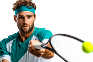 Tennis player with racket and ball in action, cut out transparent png