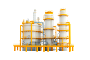 Industrial complex with tanks and pipelines on black, cut out transparent png