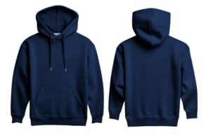 Front and back view of dark blue hoodie, cut out transparent png