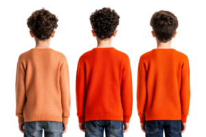 Three boys in autumn sweaters, isolated rear view, cut out transparent png