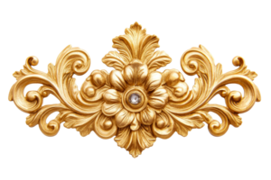 Intricate golden filigree ornament with crystal center, cut out transparent png