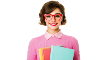 Nerd girl smiling holds books, isolated on black, cut out transparent png