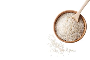 Rice bowl with wooden spoon, grains scattered around, cut out transparent png