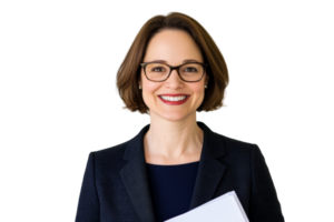 Confident businesswoman with papers, smiling at camera, cut out transparent png