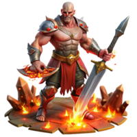 vibrant creative A fierce Ares wielding a bloodied sword, surrounded by fallen warriors, dramatic firelight, fantasy art style authentic png