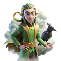 impressive rustic A cunning Loki shapeshifting into a raven, surrounded by swirling mist, mysterious lighting, Norse mythology style professional png