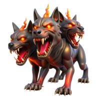 magnificent traditional A terrifying Cerberus, guarding the gates of the underworld, its three heads snarling, illuminated by fiery red light, in a dark fantasy art style professional png