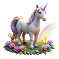 vibrant minimalist A benevolent unicorn, its horn glowing with a soft white light, grazing in a field of ethereal flowers, illuminated by rainbow-colored light, in a dreamlike art style detailed png