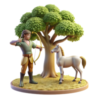 impressive rustic A wise centaur, teaching archery to a young human, under the shade of an ancient oak tree, illuminated by warm golden sunlight, in a Renaissance painting style detailed png
