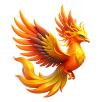 serene vintage A beautiful phoenix, rising from the ashes, its feathers ablaze with vibrant orange and yellow flames, illuminated by its own light, in a fantasy art style high quality png