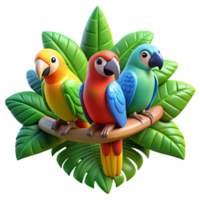 dramatic traditional A group of colorful parrots perched on a branch, tropical rainforest setting, vibrant colors, photography style authentic png