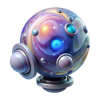 vibrant contemporary A floating, transparent orb filled with swirling galaxies, held by a robotic arm. Abstract style, ethereal lighting 4K png
