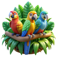 impressive abstract A group of colorful parrots perched on a branch, tropical rainforest setting, vibrant colors, photography style professional png