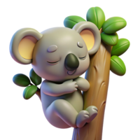 impressive minimalist A sleepy koala clinging to a eucalyptus tree, illuminated by dappled sunlight, in a charming, cartoonish style high quality png