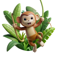 stunning artistic A playful monkey swinging through the jungle vines, surrounded by lush vegetation, in a dynamic, cartoonish style exclusive png