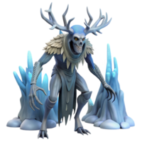 beautiful creative A wise Wendigo with antlers of ice and a skeletal frame, stalking through a snowy forest, moonlight, dark fantasy art style exclusive png