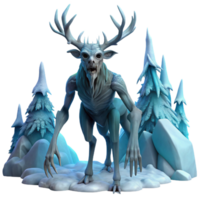 beautiful classic A wise Wendigo with antlers of ice and a skeletal frame, stalking through a snowy forest, moonlight, dark fantasy art style high resolution png