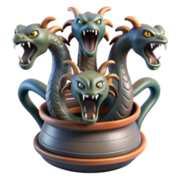 impressive contemporary A fearsome Hydra with multiple serpentine heads, rising from a murky swamp, dramatic backlighting, Greek pottery style authentic png