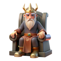 elegant classic A wise Odin with a single eye and flowing beard, perched on his throne in Valhalla, dramatic backlighting, Viking art style detailed png