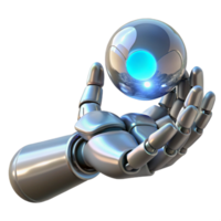 elegant creative A chrome robotic hand delicately holding a glowing orb of data, light sourced from the orb creating dramatic shadows, cyberpunk style original png