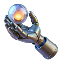 dramatic abstract A chrome robotic hand delicately holding a glowing orb of data, light sourced from the orb creating dramatic shadows, cyberpunk style high resolution png