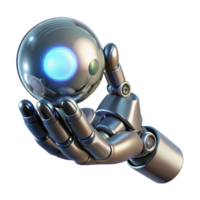 elegant modern A chrome robotic hand delicately holding a glowing orb of data, light sourced from the orb creating dramatic shadows, cyberpunk style detailed png