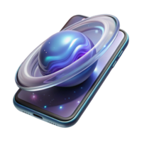 vibrant traditional A levitating transparent smartphone displaying a swirling galaxy, internal components visible, futuristic minimalist style original png
