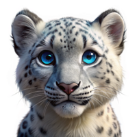 impressive rustic A majestic snow leopard cub with piercing blue eyes, close-up portrait, soft diffused lighting, hyperrealistic style, exclusive png