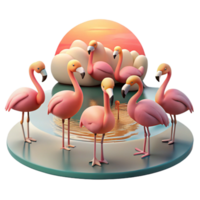 serene artistic A flock of flamingos standing in a shallow lake, sunset lighting, pastel colors, serene style, premium png