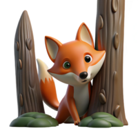 serene modern A cunning fox peering out from behind a tree, forest setting, dim lighting, mysterious style, professional png