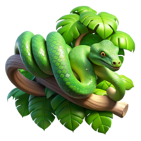 impressive contemporary A slithering green tree python wrapped around a branch, jungle setting, dappled lighting, realistic style, high resolution png