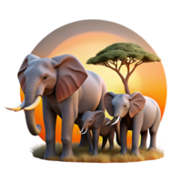 dramatic abstract A family of elephants walking across the African savanna, the setting sun casting a warm glow, in a peaceful, naturalistic style premium png