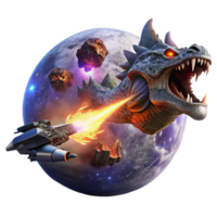 wonderful traditional A spaceship battling a giant space monster in a nebula. Dramatic, explosive lighting. Space opera style professional png