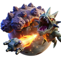 dramatic classic A spaceship battling a giant space monster in a nebula. Dramatic, explosive lighting. Space opera style professional png