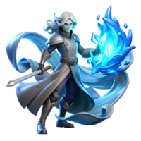 serene contemporary A lone, ethereal warrior with flowing silver hair, wielding a glowing crystal sword, stands defiantly amidst swirling blue embers. Dynamic lighting, art nouveau style professional png