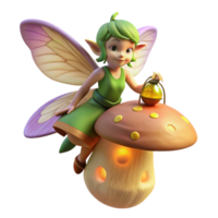 magnificent contemporary A mischievous forest sprite with iridescent wings, perched on a giant mushroom, holding a firefly lantern. Soft, dappled lighting, whimsical style premium png