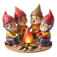 impressive classic A group of playful gnomes gathered around a campfire, roasting marshmallows, their faces illuminated by the warm glow. Warm lighting, cartoon style professional png