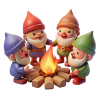 wonderful modern A group of playful gnomes gathered around a campfire, roasting marshmallows, their faces illuminated by the warm glow. Warm lighting, cartoon style authentic png