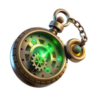 stunning classic A steampunk pocket watch with intricate gears and Roman numerals, floating in mid-air, glowing with an internal green light, dark, moody lighting, photorealistic style high resolution png