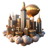 stunning contemporary A steampunk cityscape with towering buildings of brass and glass, airships navigating through the clouds, bathed in the warm glow of sunset, art deco style detailed png