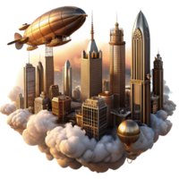 impressive creative A steampunk cityscape with towering buildings of brass and glass, airships navigating through the clouds, bathed in the warm glow of sunset, art deco style high quality png