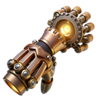 elegant artistic A steampunk prosthetic arm with intricate gears and pistons, polished to a high shine, lit by a single spotlight, hyperrealistic style premium png