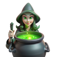 dramatic contemporary A powerful witch brewing a potion in a cauldron, her face illuminated by the eerie green glow. Moody lighting, painterly style high resolution png