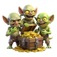 impressive classic A group of goblins scavenging through a treasure hoard, their eyes gleaming with greed. Warm lighting, realistic style high resolution png