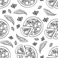 Seamless pattern pizza and basil doodle ink hand drawn background vector