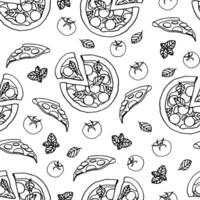 Pizza seamless pattern doodle sketch design tomato, basil, pizza margarita vector