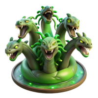 stunning rustic The hydra, a multi-headed serpent, each head uniquely scaled and colored, rising from a murky swamp, lit by an eerie green glow. Dark fantasy style authentic png